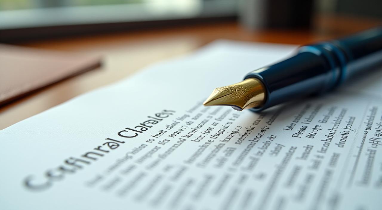Close-up of a fountain pen resting on a detailed legal document with focused lighting